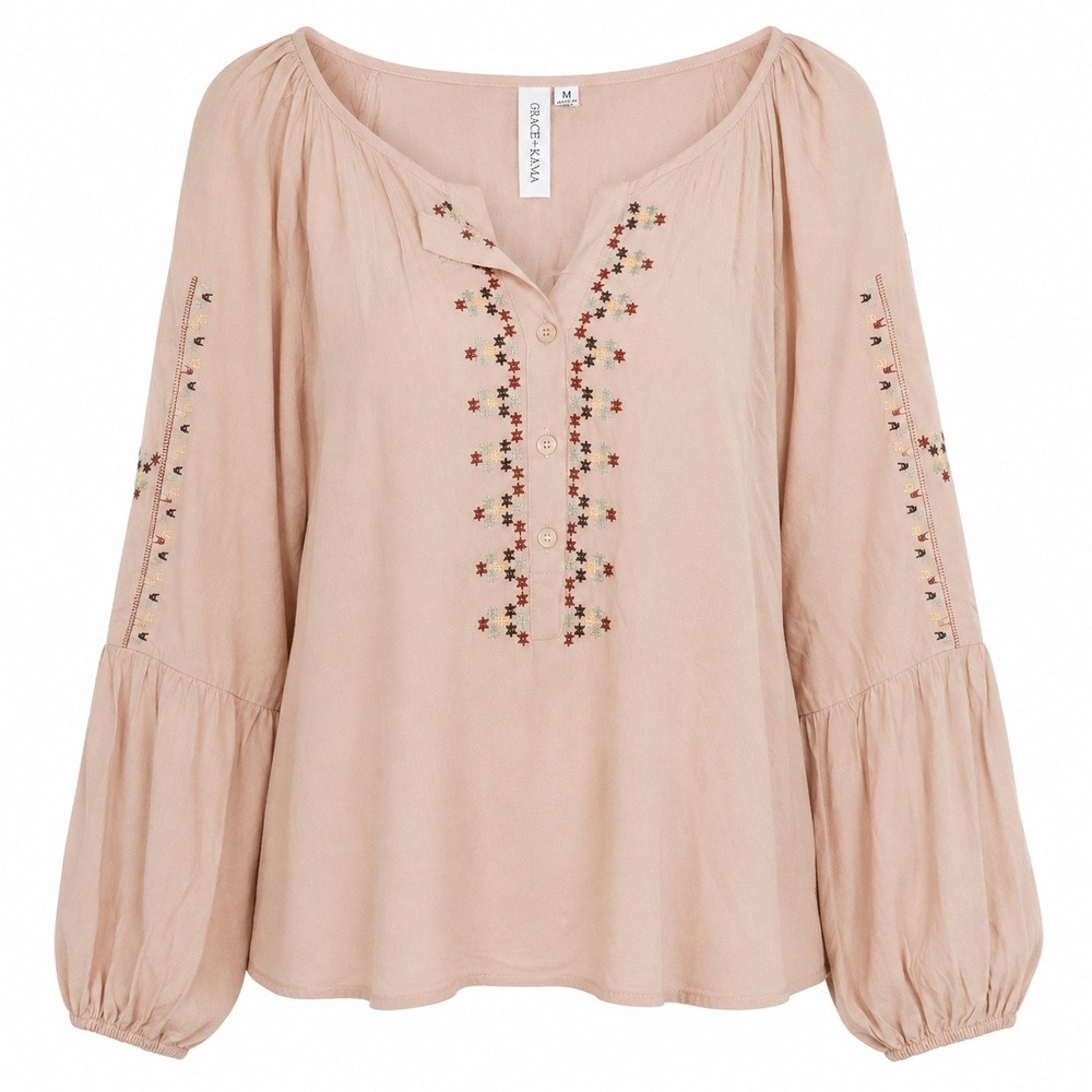 Grace + Karma Peasant Blouse Womens Medium Pink Tan Excellent Boho Embroidered